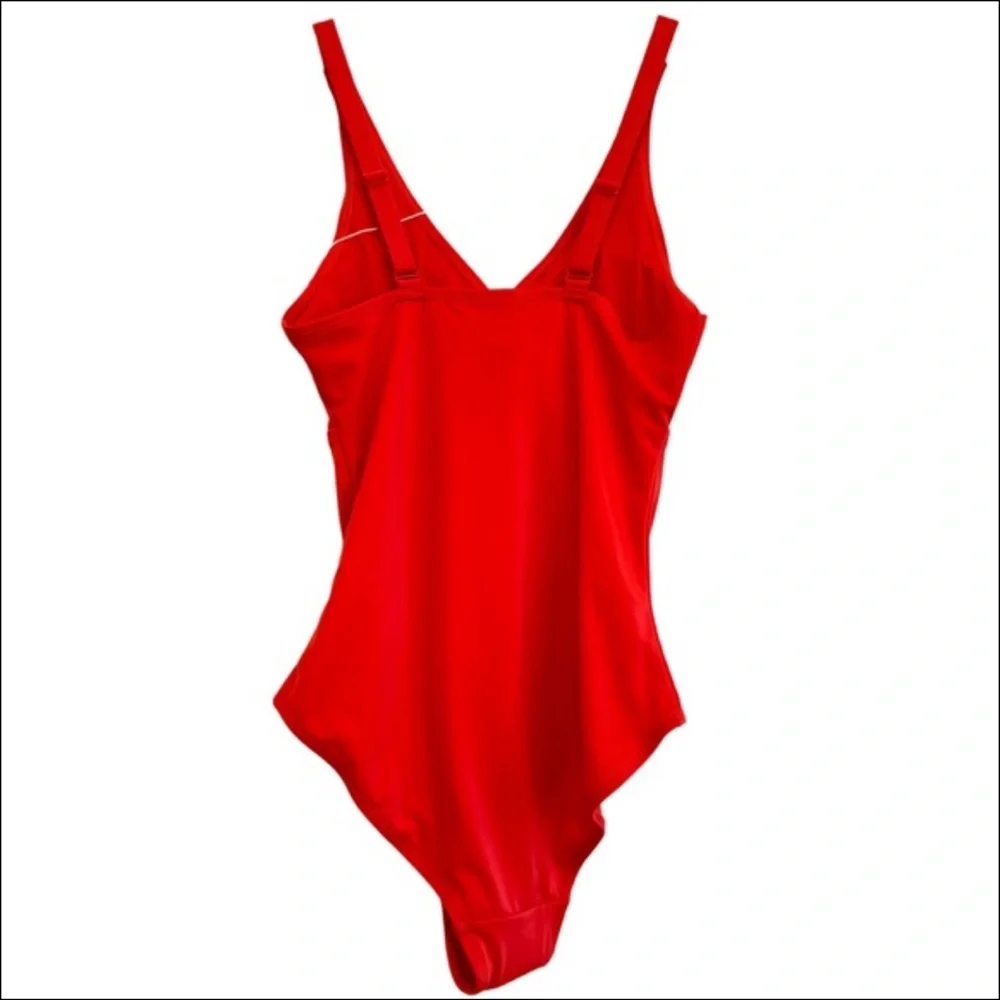 Swimsuit Slimming One Piece Plunge V Neckline Sunset Coral Red Orange Size Small